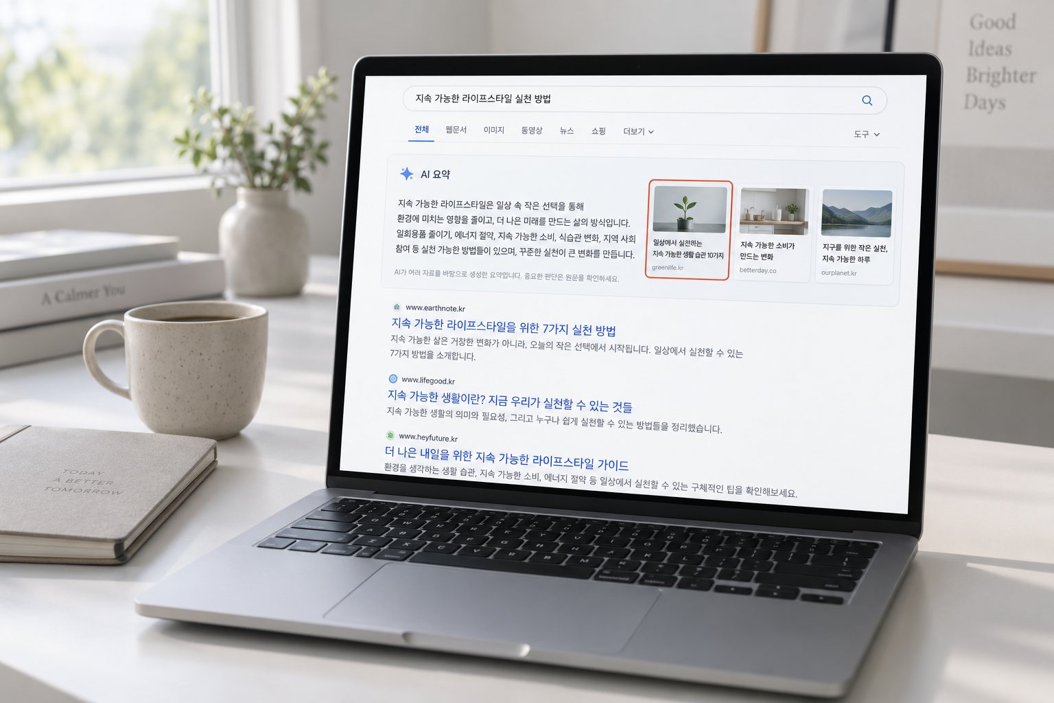 노트북 화면에 검색 결과와 AI 요약, 출처 카드가 표시된 모습